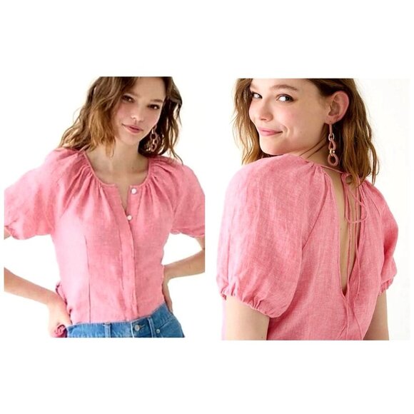 J Crew Shirt Women 0 Pink Linen V Back Short Puff Sleeve Top Preppy Lagenlook - Picture 1 of 14